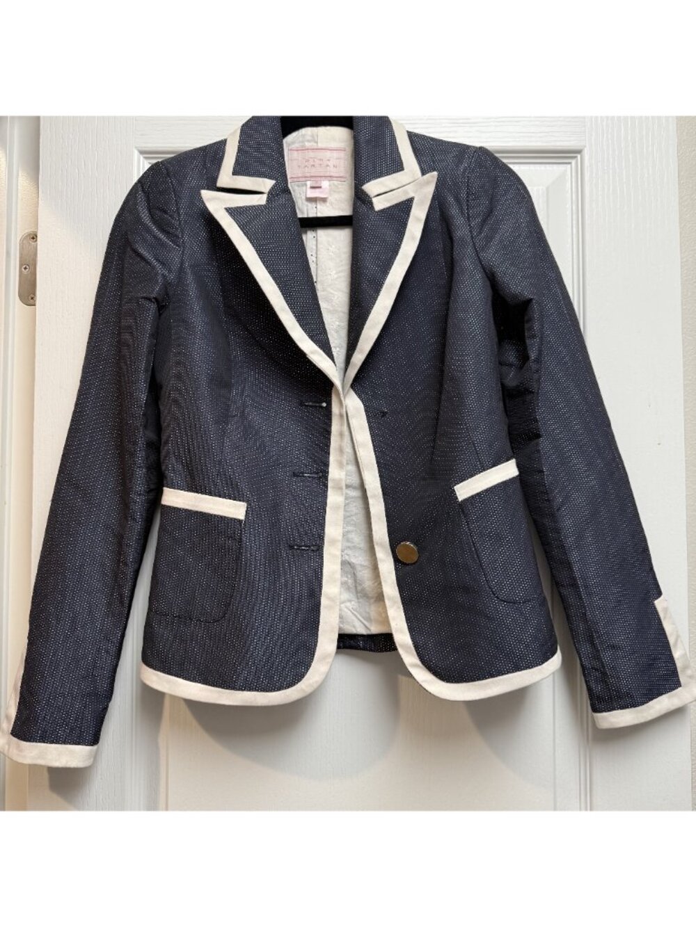 Pink Tartan Vintage 2000s Navy & White Contrast Trim Blazer